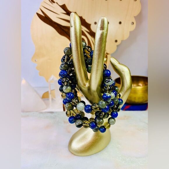 Handmade Labradorite Lapis Lazuli & Smoky Quartz Gemstone Bracelet - Picture 10 of 10